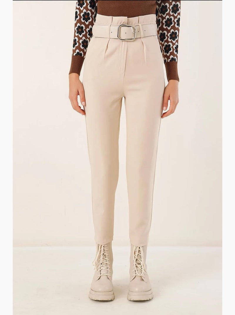 Enkelhoge rechte broek met strik bdart Crème - Kiabi