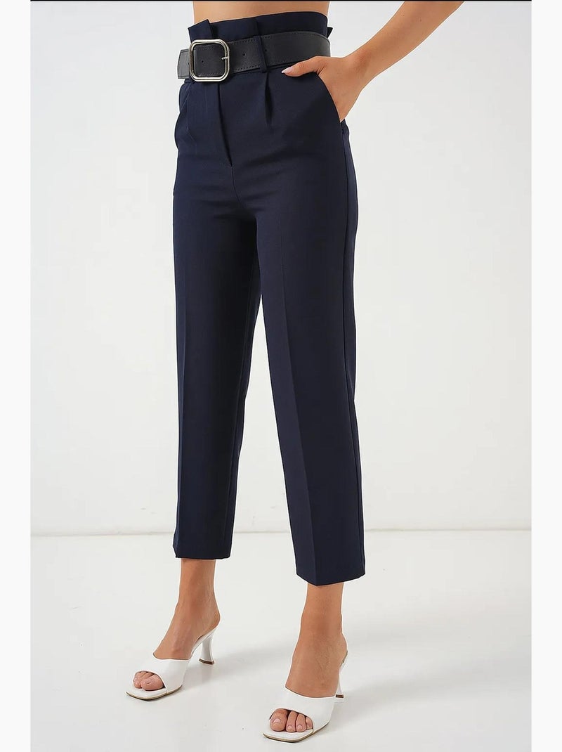 Enkelhoge rechte broek met strik bdart Marineblauw - Kiabi