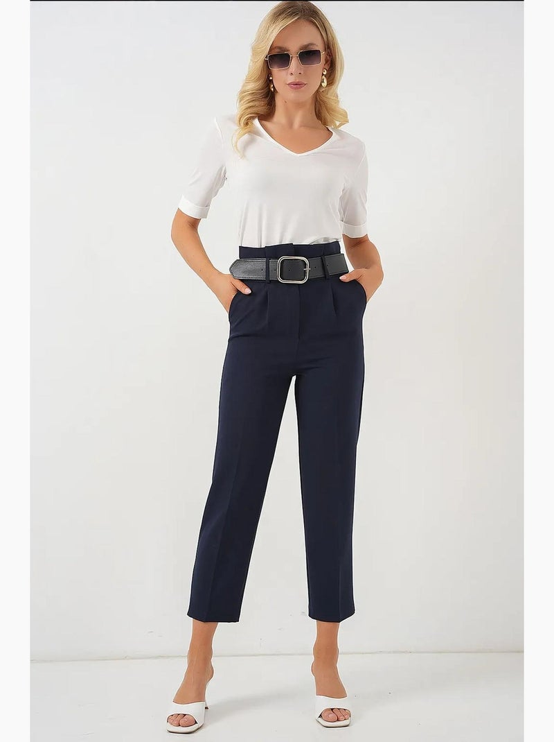 Enkelhoge rechte broek met strik bdart Marineblauw - Kiabi