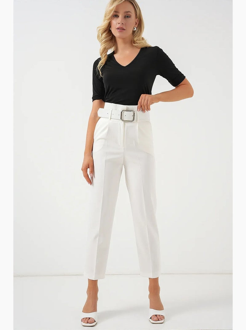 Enkelhoge rechte broek met strik bdart Wit - Kiabi