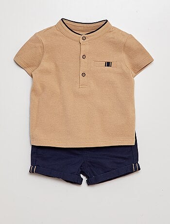 Ensemble 2 pièces t-shirt esprit polo + short en twill - 2 pièces