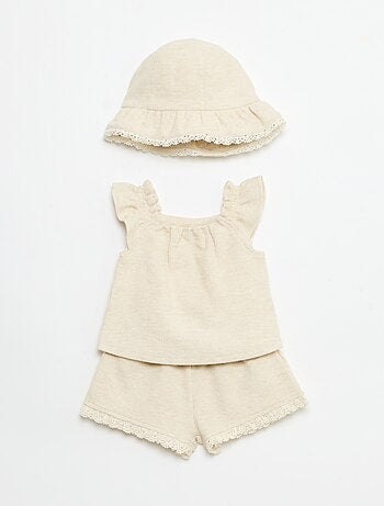 Ensemble 3 pièces en maille côtelée - short + T-shirt + bob