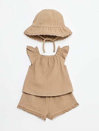 Ensemble 3 pièces en maille côtelée - short + T-shirt + bob