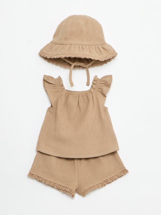 Ensemble 3 pièces en maille côtelée -  short + T-shirt + bob