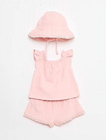 Ensemble 3 pièces en maille côtelée - short + T-shirt + bob