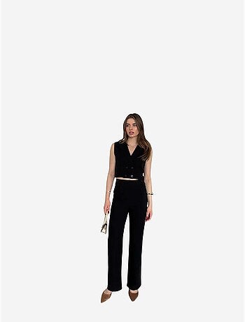 Ensemble à jambes larges à col en v boutonné taille haute my fashion