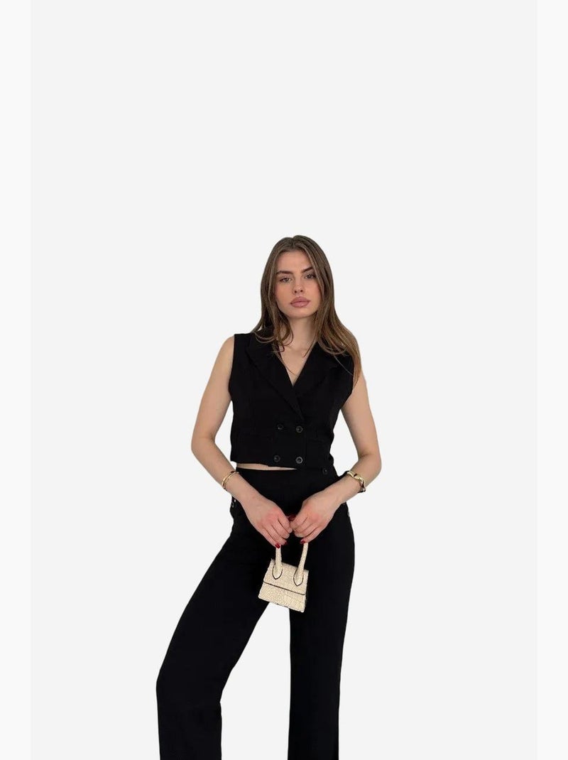 Ensemble à jambes larges à col en v boutonné taille haute my fashion Noir - Kiabi
