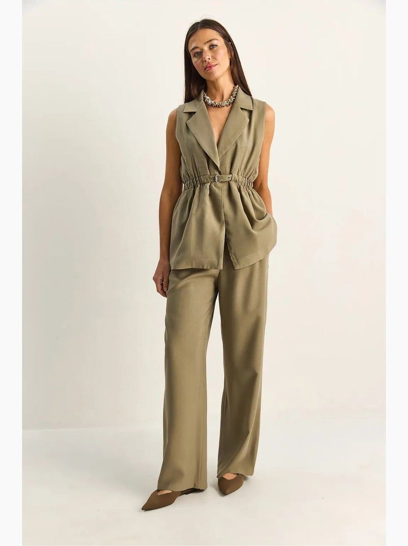 Ensemble à jambes larges taille haute avec col de veste lucci Kaki - Kiabi