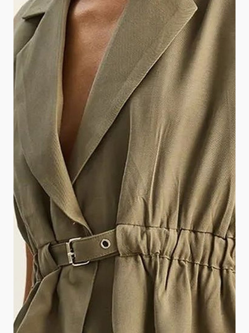 Ensemble à jambes larges taille haute avec col de veste lucci Kaki - Kiabi