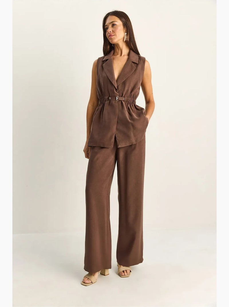 Ensemble à jambes larges taille haute avec col de veste lucci Marron chocolat - Kiabi