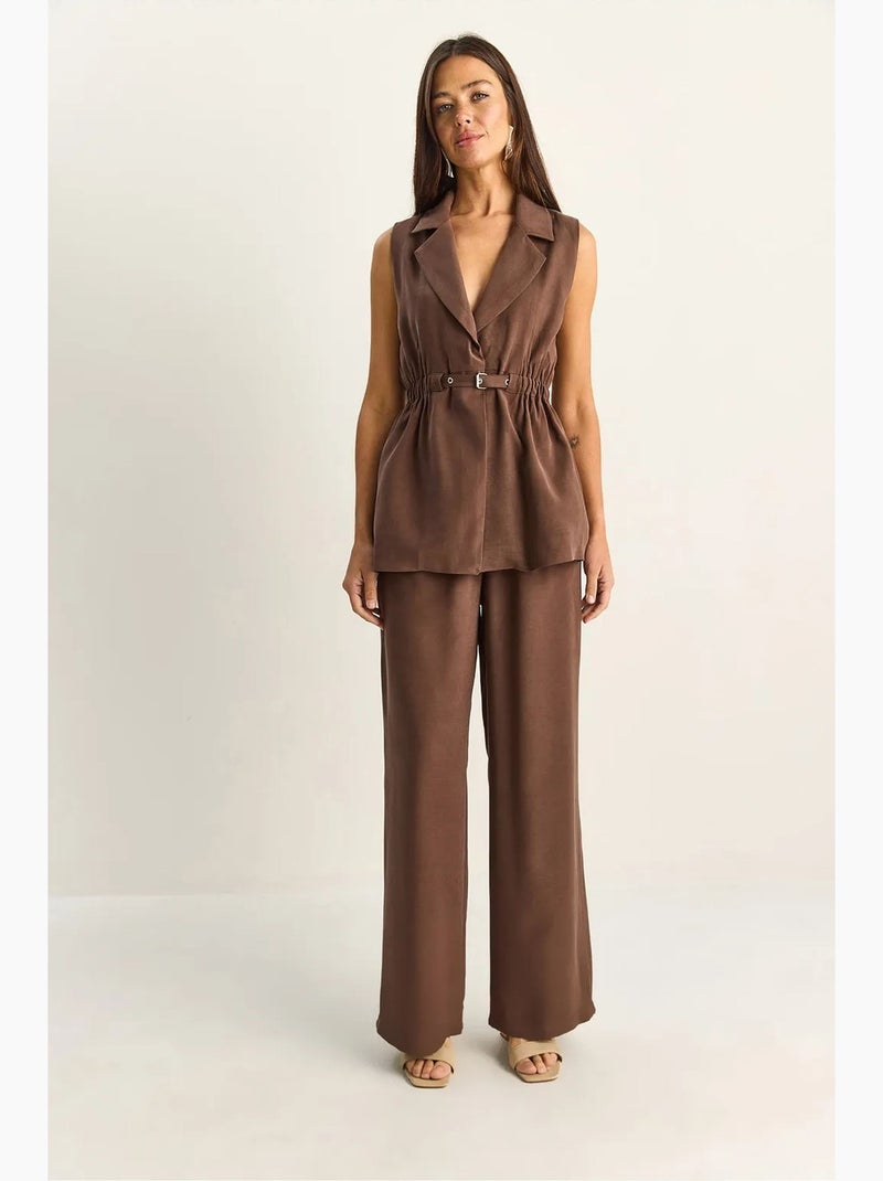 Ensemble à jambes larges taille haute avec col de veste lucci Marron chocolat - Kiabi