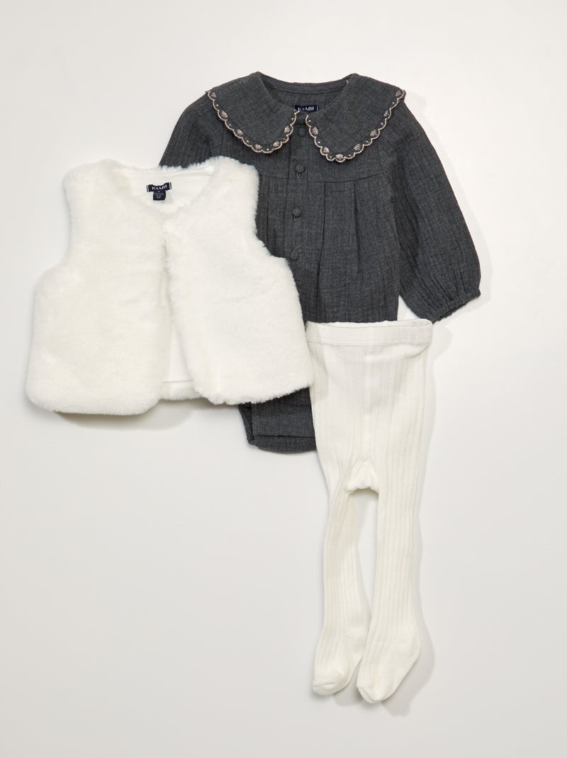 Ensemble bébé body + gilet + collants Blanc/gris - Kiabi