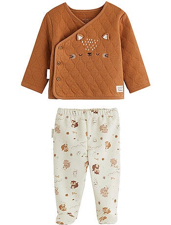 Ensemble bébé gilet croisé et pantalon avec pieds en molleton caramel