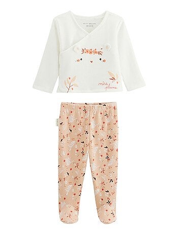 Ensemble bébé gilet et pantalon en coton nid d'abeille miss plume
