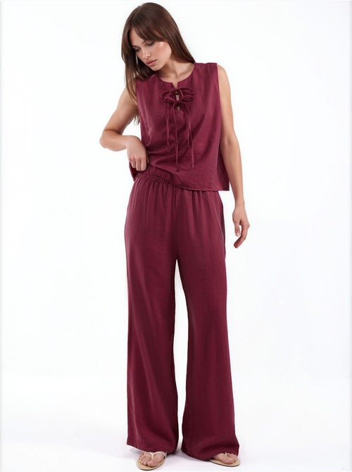 Ensemble blouse en mélange de viscose avec détail à nouer et pantalon à taille élastique hiccup - Kiabi