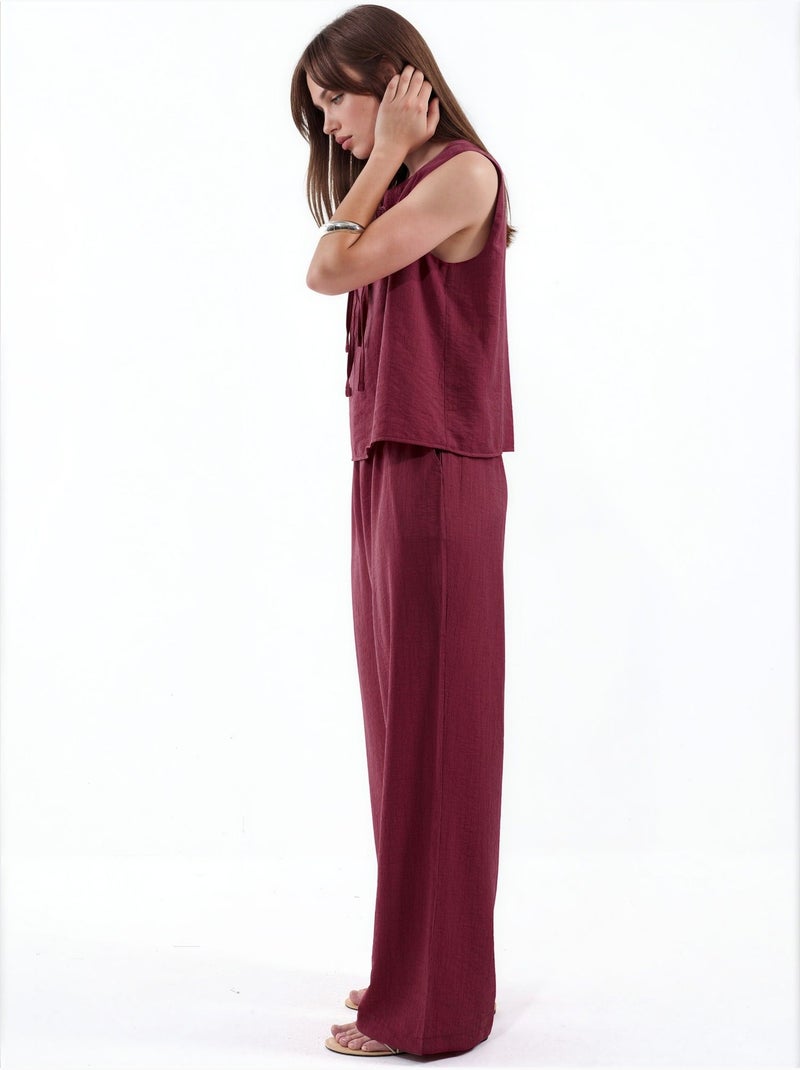 Ensemble blouse en mélange de viscose avec détail à nouer et pantalon à taille élastique hiccup Rouge grenat - Kiabi