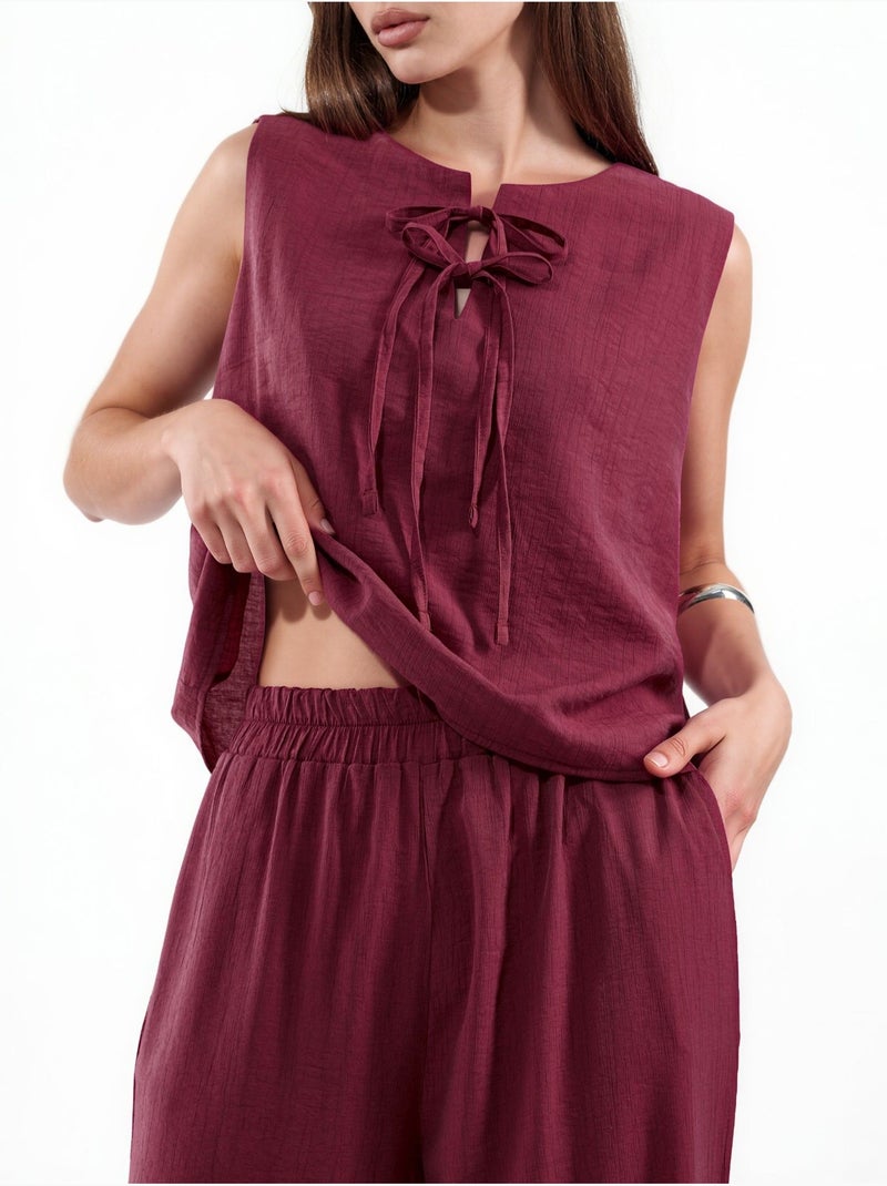 Ensemble blouse en mélange de viscose avec détail à nouer et pantalon à taille élastique hiccup Rouge grenat - Kiabi