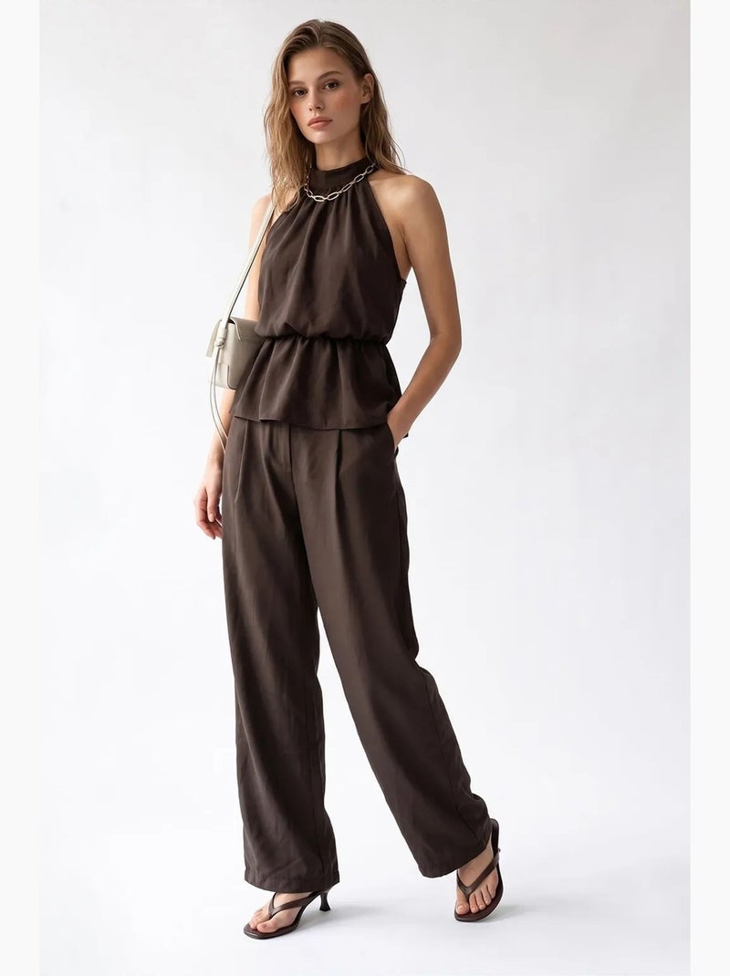 Ensemble blouse halter et pantalon large mixray Marron - Kiabi