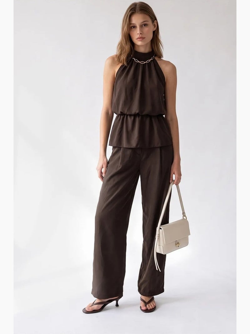 Ensemble blouse halter et pantalon large mixray Marron - Kiabi