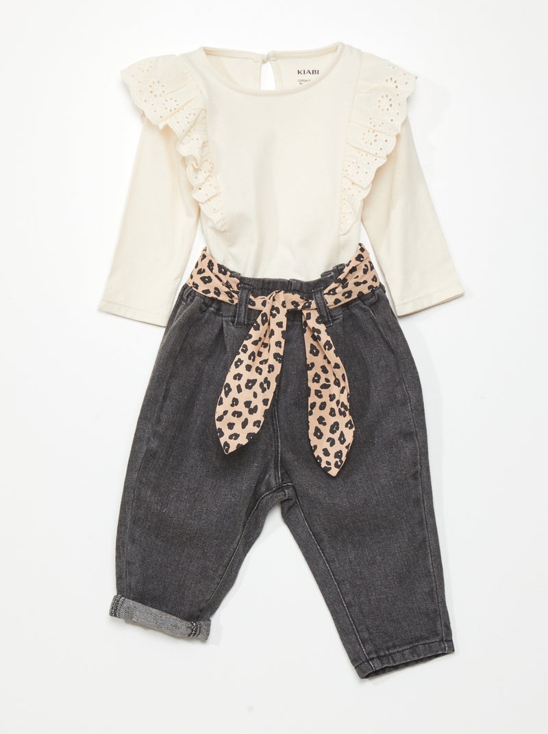 Ensemble blouse + pantalon paper bag - 2 pièces Beige/noir - Kiabi