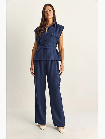 Ensemble blouse sans manches et pantalon large ceinturé lucci