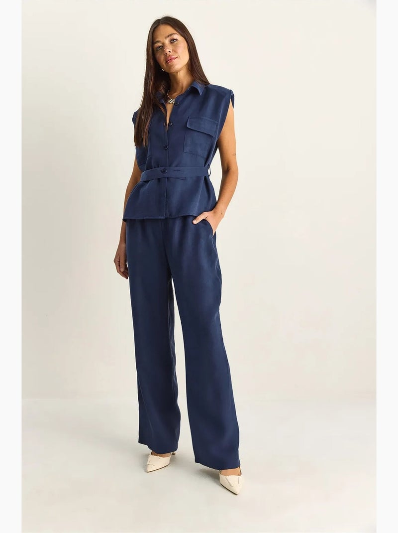 Ensemble blouse sans manches et pantalon large ceinturé lucci Bleu marine - Kiabi