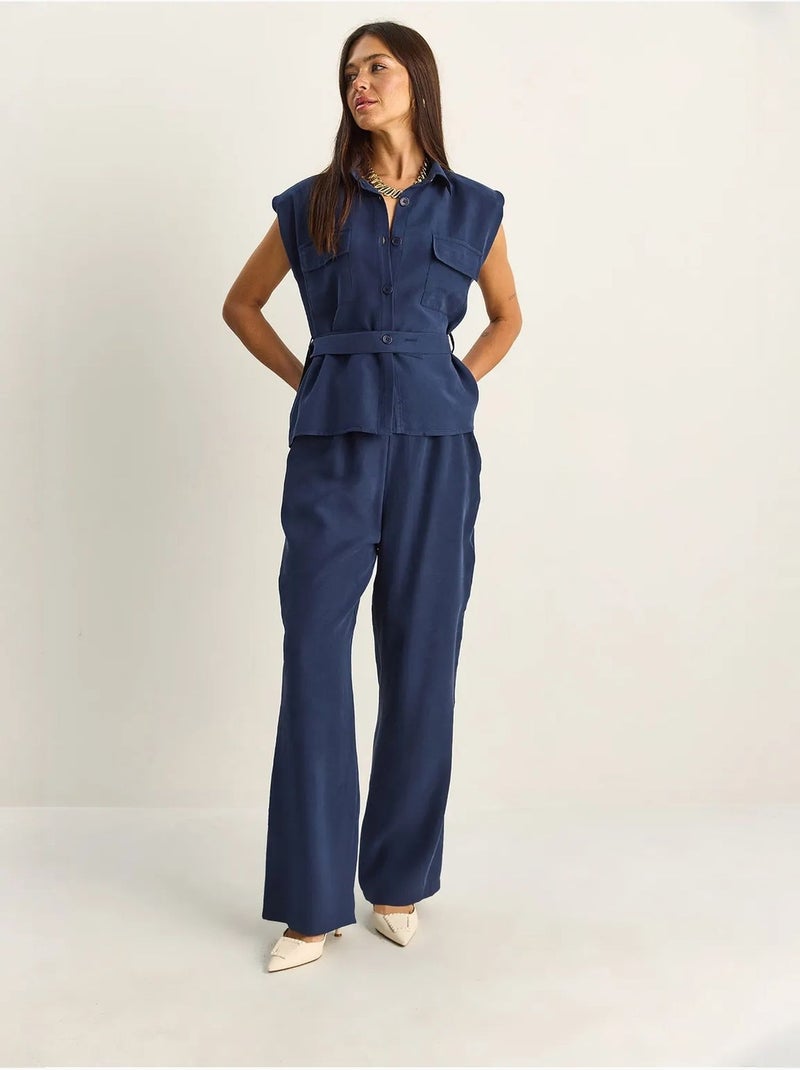 Ensemble blouse sans manches et pantalon large ceinturé lucci Bleu marine - Kiabi