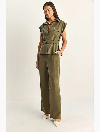 Ensemble blouse sans manches et pantalon large ceinturé lucci