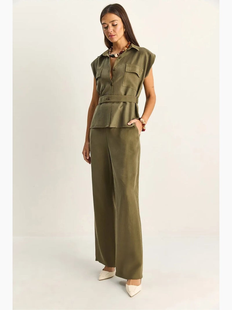 Ensemble blouse sans manches et pantalon large ceinturé lucci Kaki - Kiabi