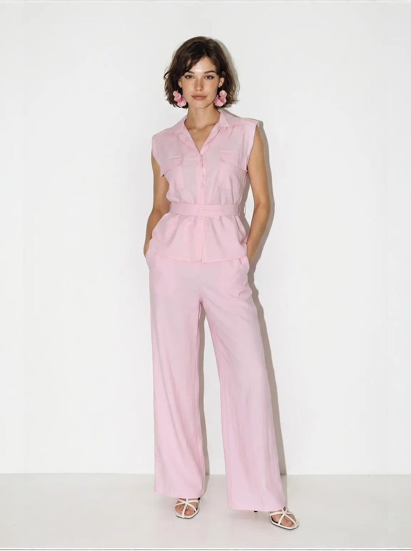 Ensemble blouse sans manches et pantalon large ceinturé lucci Rose - Kiabi