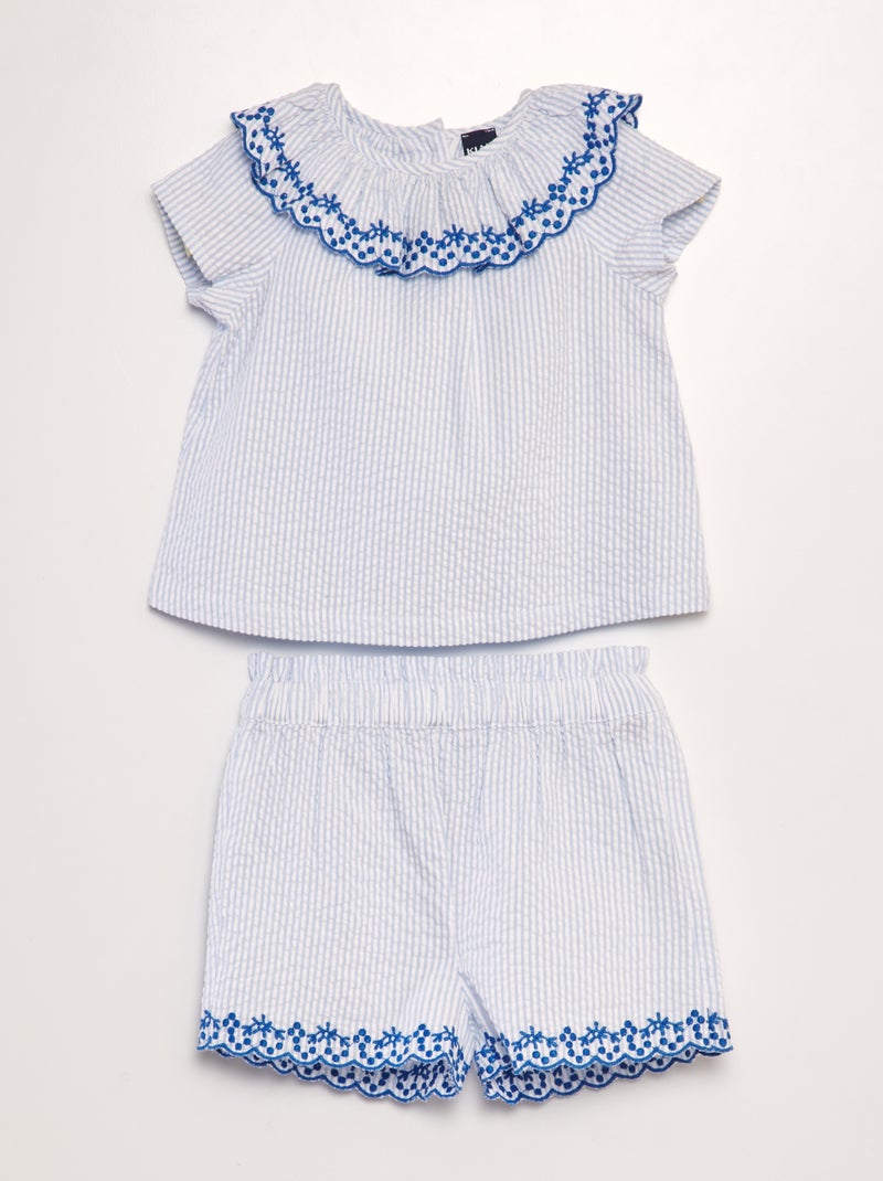 Ensemble blouse + short rayé et brodé - 2 pièces Bleu - Kiabi