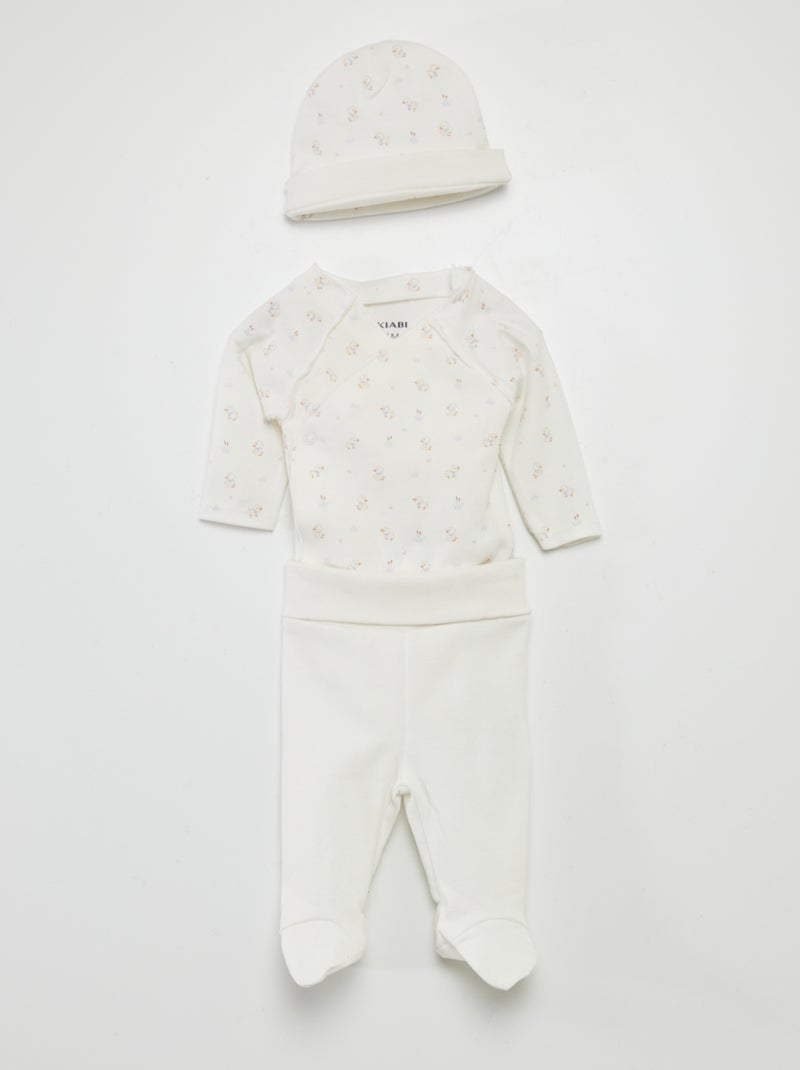 Ensemble body + pantalon avec pieds + bonnet Blanc 'poussin' - Kiabi