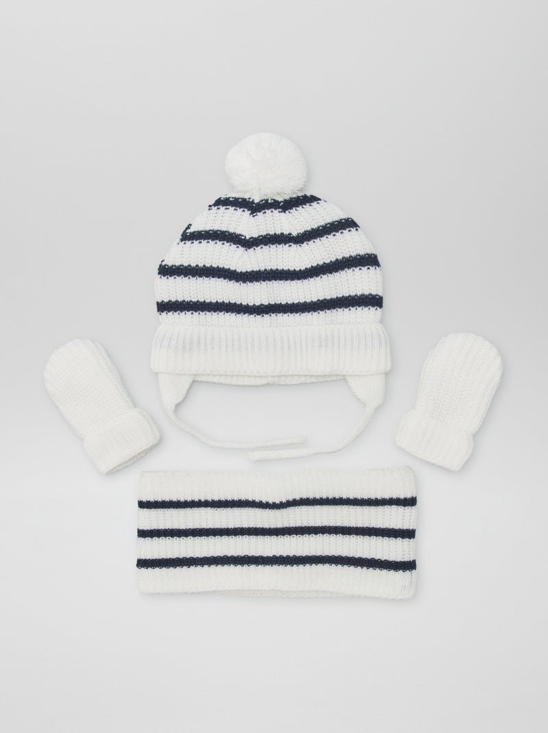 Ensemble bonnet péruvien + tour de cou + moufles - 3 pièces Blanc/bleu - Kiabi
