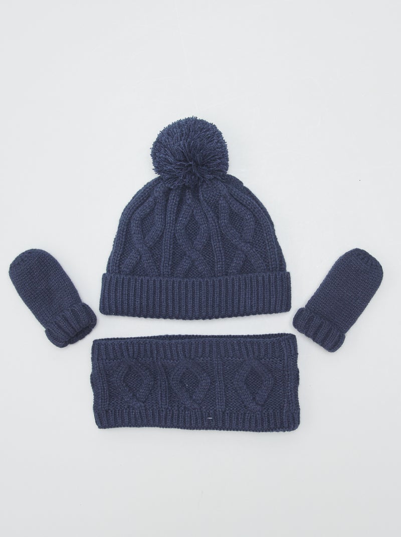 Ensemble bonnet + tour de cou + moufles bleu noir - Kiabi
