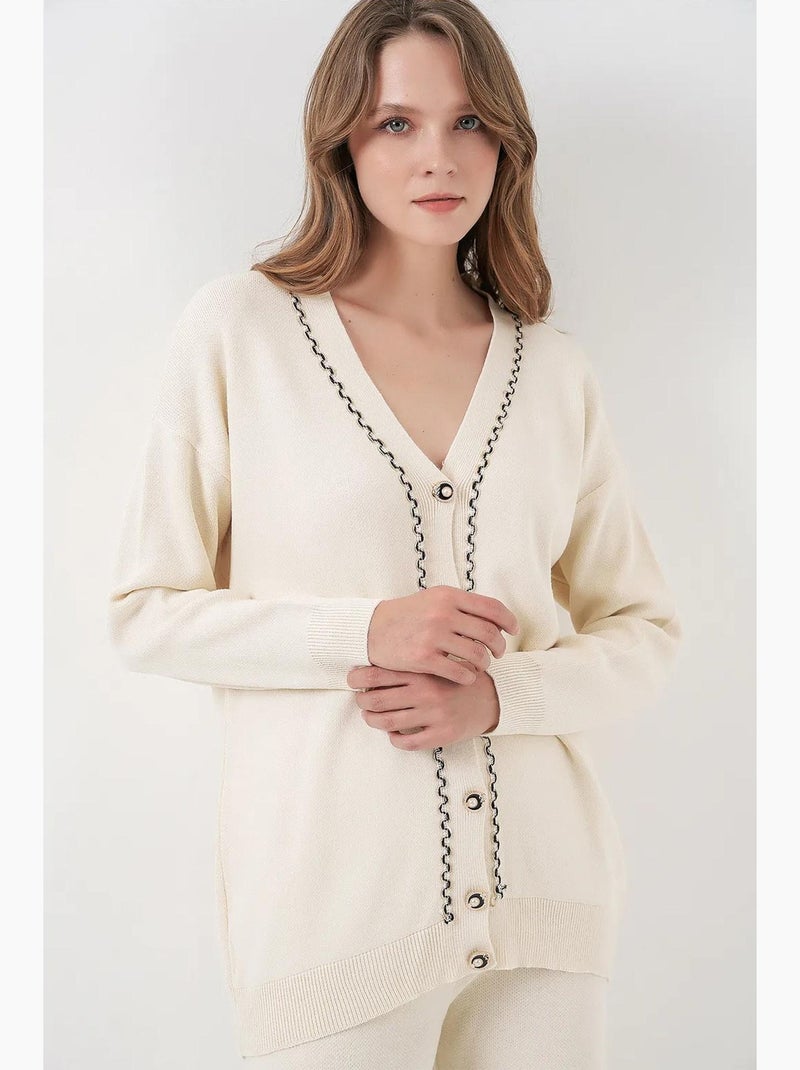 Ensemble cardigan côtelé à col en v et pantalon large bdart Ivoire - Kiabi