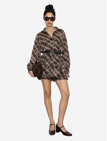 Ensemble chemise à carreaux oversize et jupe courte à jambes larges lucci