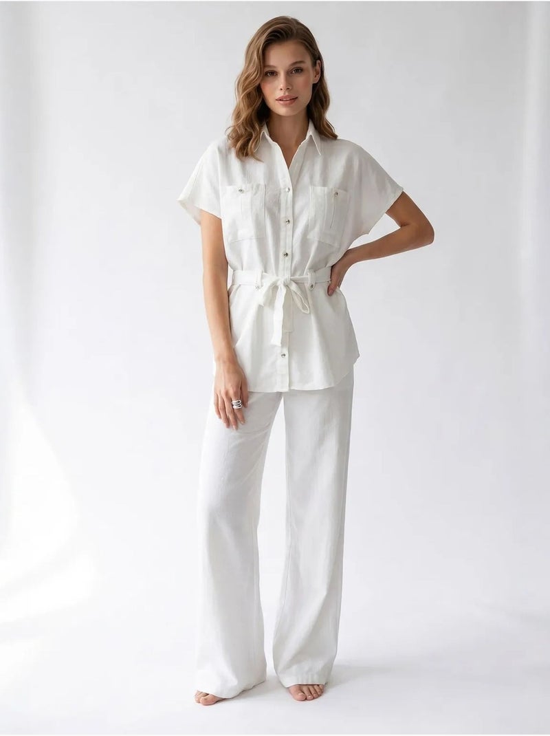 Ensemble chemise et pantalon large en coton mixray Blanc - Kiabi
