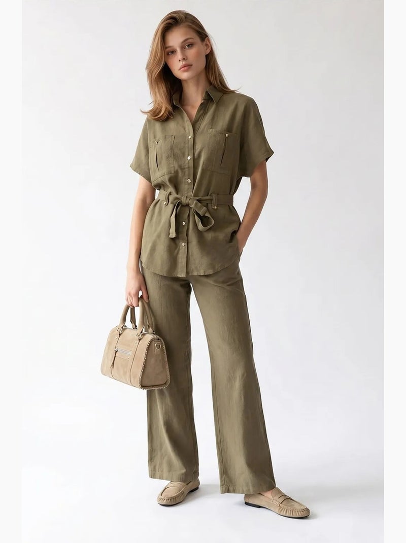 Ensemble chemise et pantalon large en coton mixray Kaki - Kiabi