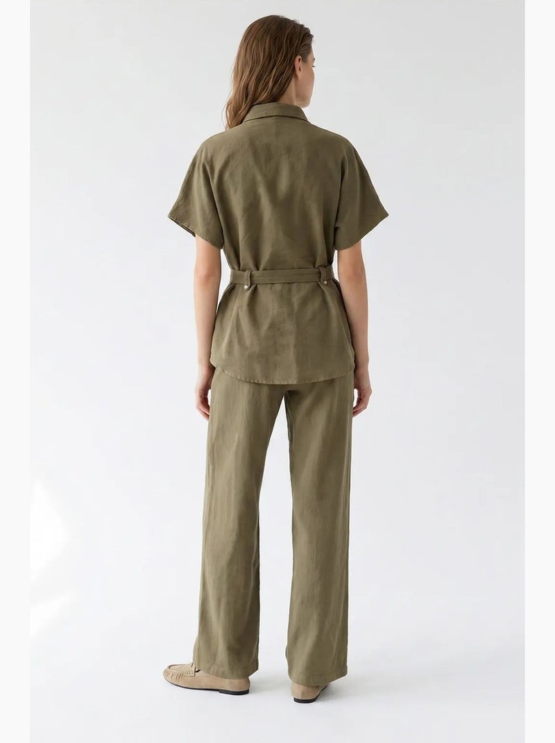 Ensemble chemise et pantalon large en coton mixray Kaki - Kiabi