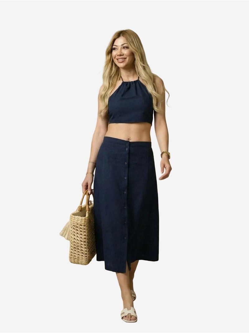 Ensemble coord deux pièces en coton, viscose et lin my fashion Bleu marine - Kiabi
