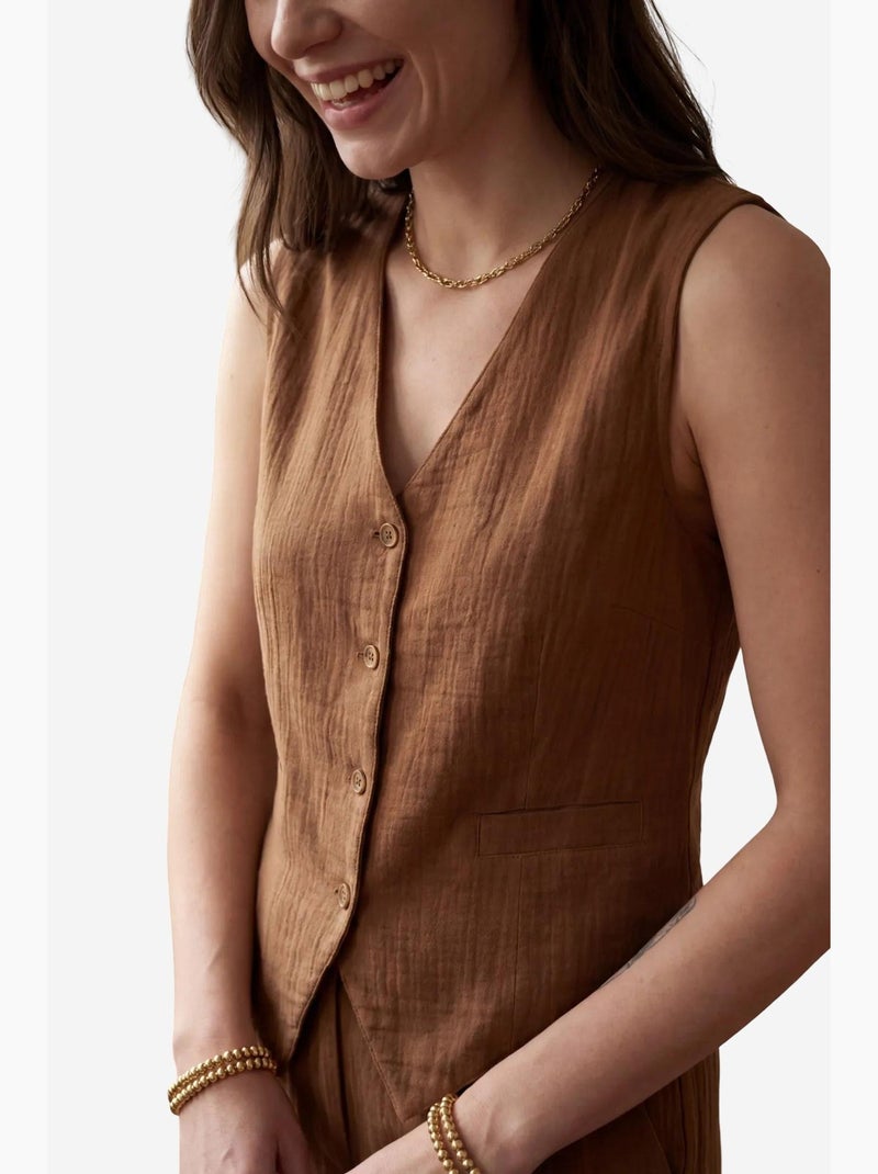 Ensemble coordonné deux pièces à col en v texturé et boutons my fashion Marron clair - Kiabi