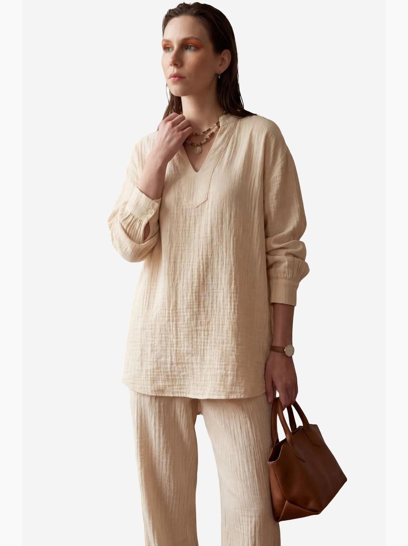 Ensemble coordonné deux pièces à jambes larges et col en v boutonné my fashion Beige argile - Kiabi