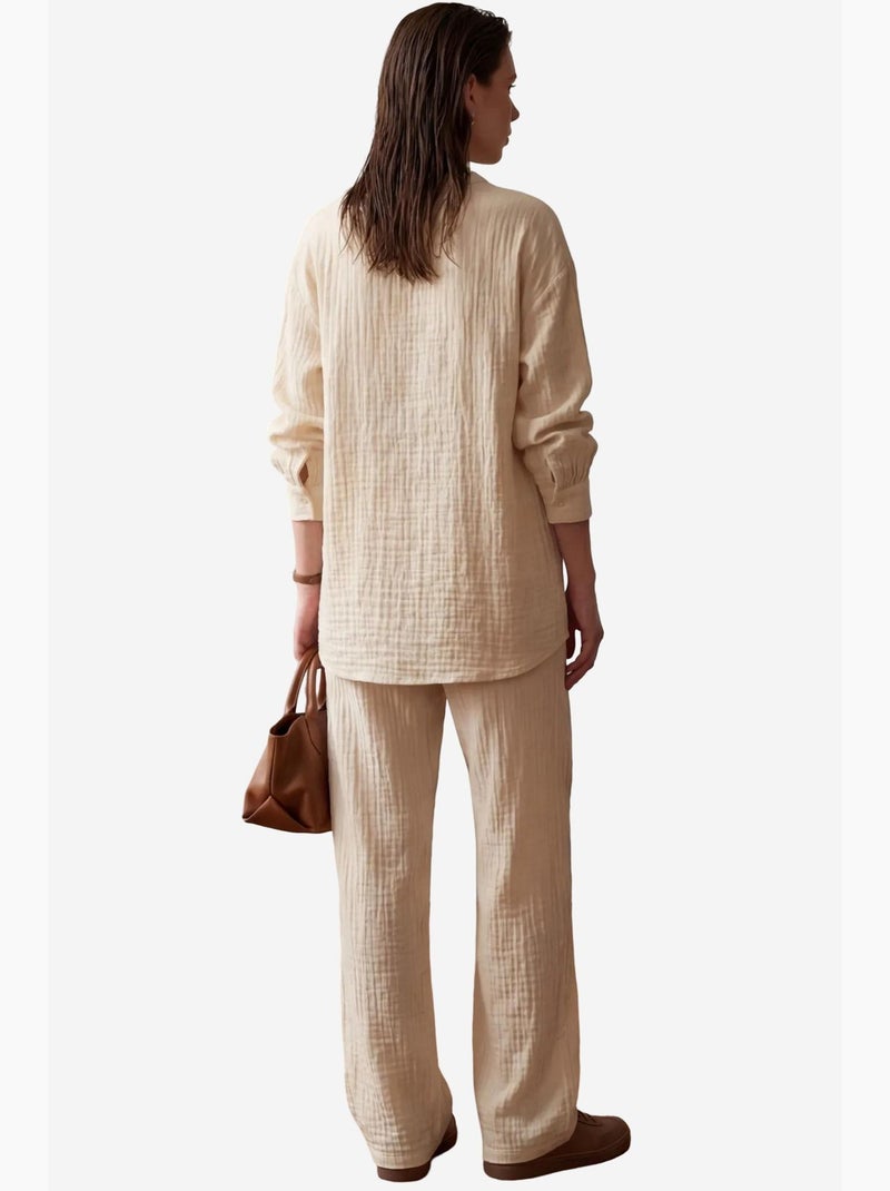 Ensemble coordonné deux pièces à jambes larges et col en v boutonné my fashion Beige argile - Kiabi