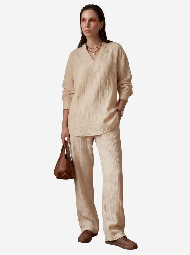 Ensemble coordonné deux pièces à jambes larges et col en v boutonné my fashion Beige argile - Kiabi