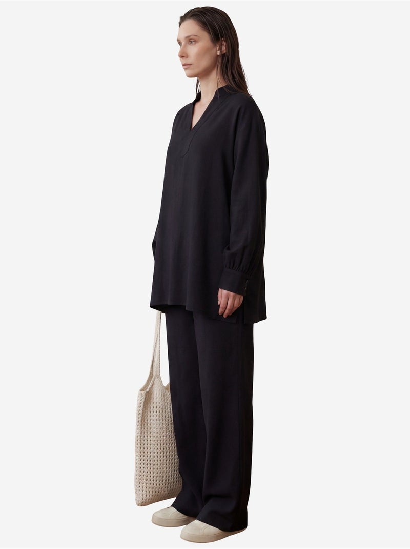 Ensemble coordonné deux pièces à jambes larges et col en v boutonné my fashion Noir - Kiabi