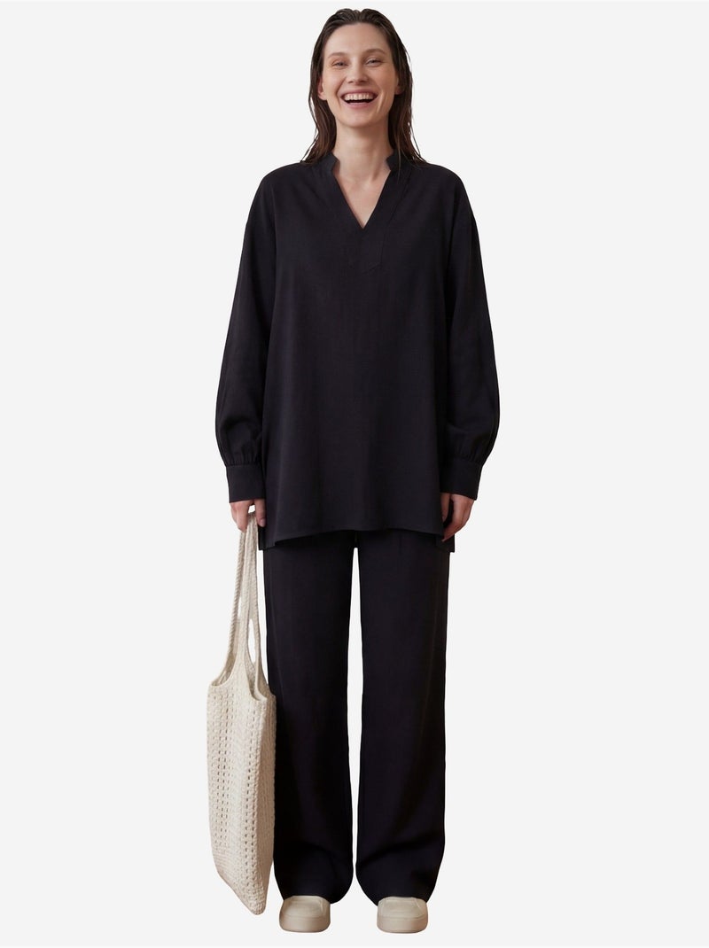 Ensemble coordonné deux pièces à jambes larges et col en v boutonné my fashion Noir - Kiabi
