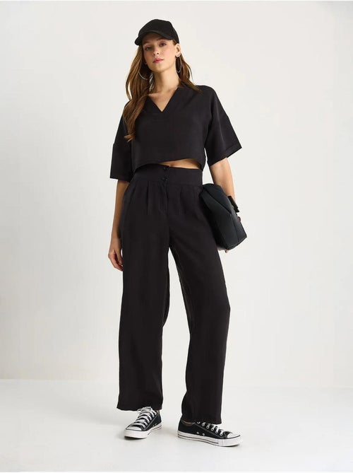 Ensemble coordonné deux pièces en maille à col v et pantalon à jambes larges lucci - Kiabi