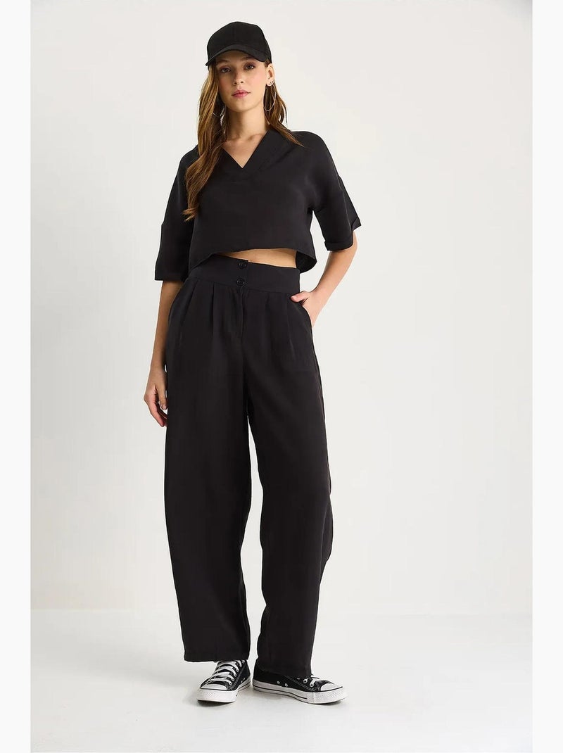 Ensemble coordonné deux pièces en maille à col v et pantalon à jambes larges lucci Noir - Kiabi
