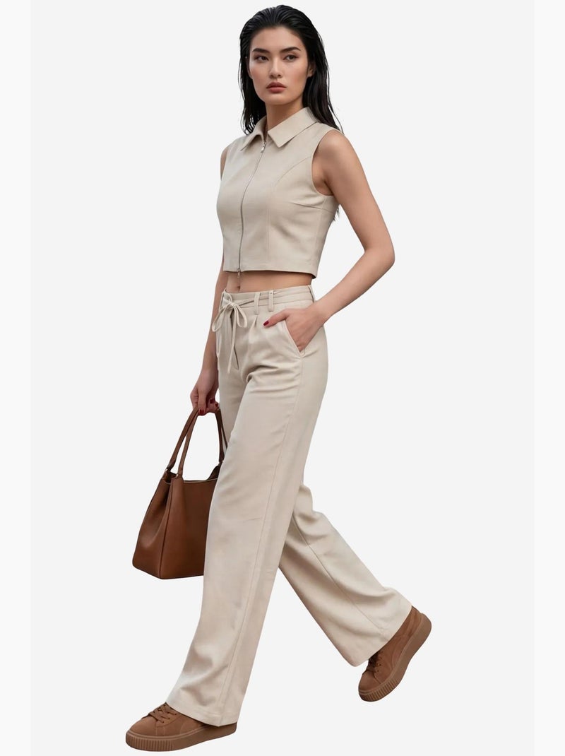 Ensemble coordonné deux pièces taille haute jambes larges my fashion Beige argile - Kiabi