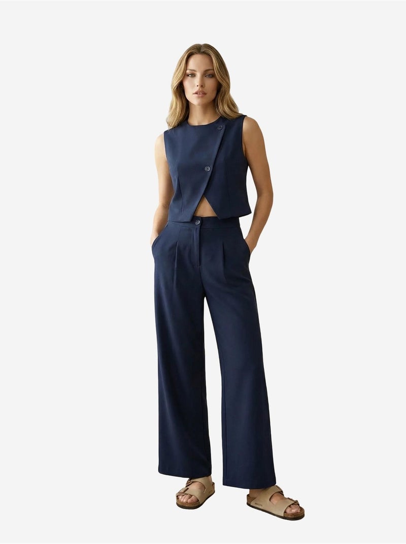 Ensemble coordonné deux pièces taille haute jambes larges my fashion Bleu marine - Kiabi